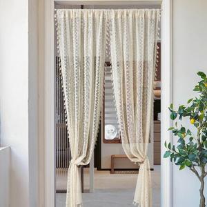 Cortina de Voile de Encaje Blanco y Amarillo con Anillas, Cortinas Transparentes para Ventana de Sala de Estar - Product Image 3