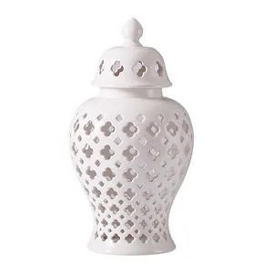 Hollow Out Style Ceramic jar White Lattice Ginger Jar with Lid