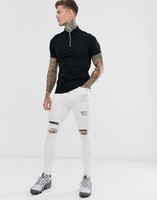 Chemise de golf homme noire en piqué 100% coton, coupe ajustée, anti-plis, design vierge, col zippé 1/4, idéale pour l'été