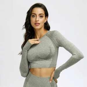 <span class=keywords><strong>Conjunto</strong></span> de <span class=keywords><strong>gimnasio</strong></span> para <span class=keywords><strong>mujer</strong></span>, Top corto de manga larga sin costuras, mallas, ropa de Yoga, función Scrunch, <span class=keywords><strong>conjunto</strong></span> de 2 piezas elástico con estampado sólido - Product Image 5
