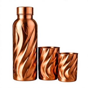 Luxury Ayurvedic Copper Water <b>Bottle</b> and 2 Cups Set 3 Piece Carved Wavy Pattern Portable <b>Flask</b> Drinkware - Product Image 1