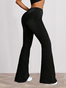 Black Ripped Boot Cut Leg <b>Jeans</b> Medium Stretch 100% Cotton Fabric Button Fly Closure Full Length Casual <b>Sexy</b> All-Season Wear - Product Image 2
