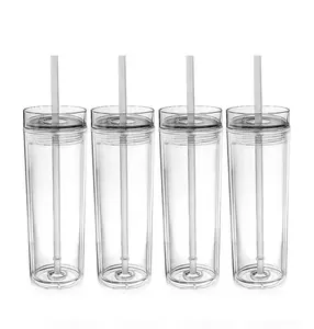 16oz personalized acrylic tumbler with straw insulated double wall Acrylic skinny tumbler cups with Plastic lid and Straw