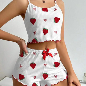 Customize 2pcs Sleepwear Ribbed Cherry and Strawberry Print Nightwear Summer Soft Pajama <strong>Set</strong> Women's Sleepwear Women Sexy Pajama - Product Image 4