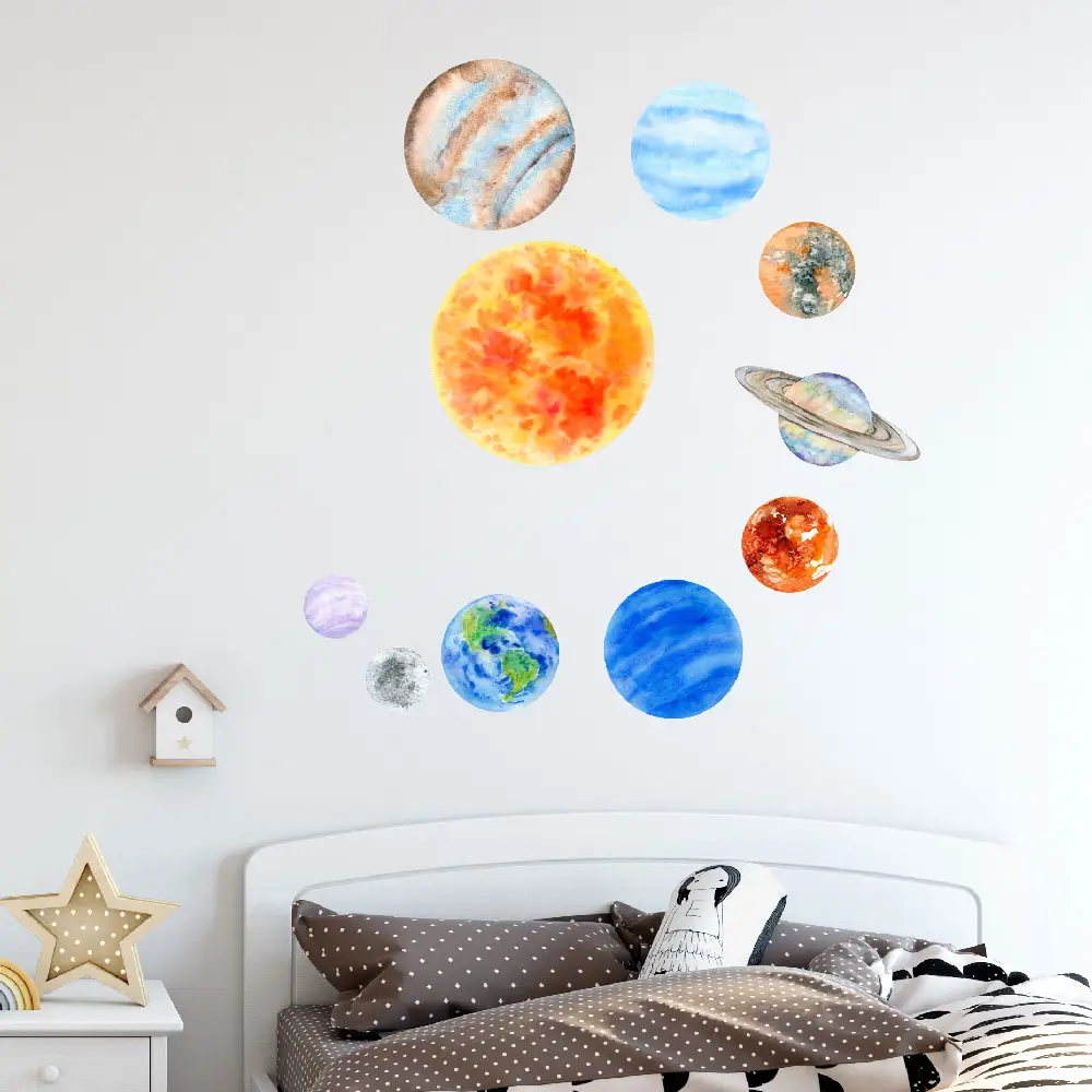 Glow in The Dark Watercolor Planets Bright Solar System Wall Stickers 10 Luminous Ceiling Decals for Kids Bedroom Room