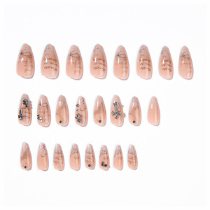 Faux ongles courts en amande à presser, couleur nude avec motif lettre, croix et <span class=keywords><strong>strass</strong></span>, pour femmes - Product Image 2