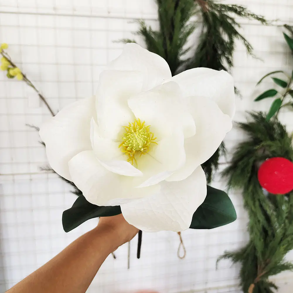 ก้านดอกแมกโนเลียทำจากผ้าไหมหรูหราหัวดอกไม้ขนาดใหญ่สำหรับตกแต่งงานแต่งงานคริสต์มาส