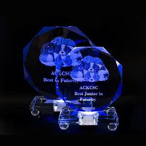 PuJiang Factory Wholesale Colorful LED Lights Crystal Trophy Awards Custom 3d Laser Engraving Blue Crystal Glass Trophies