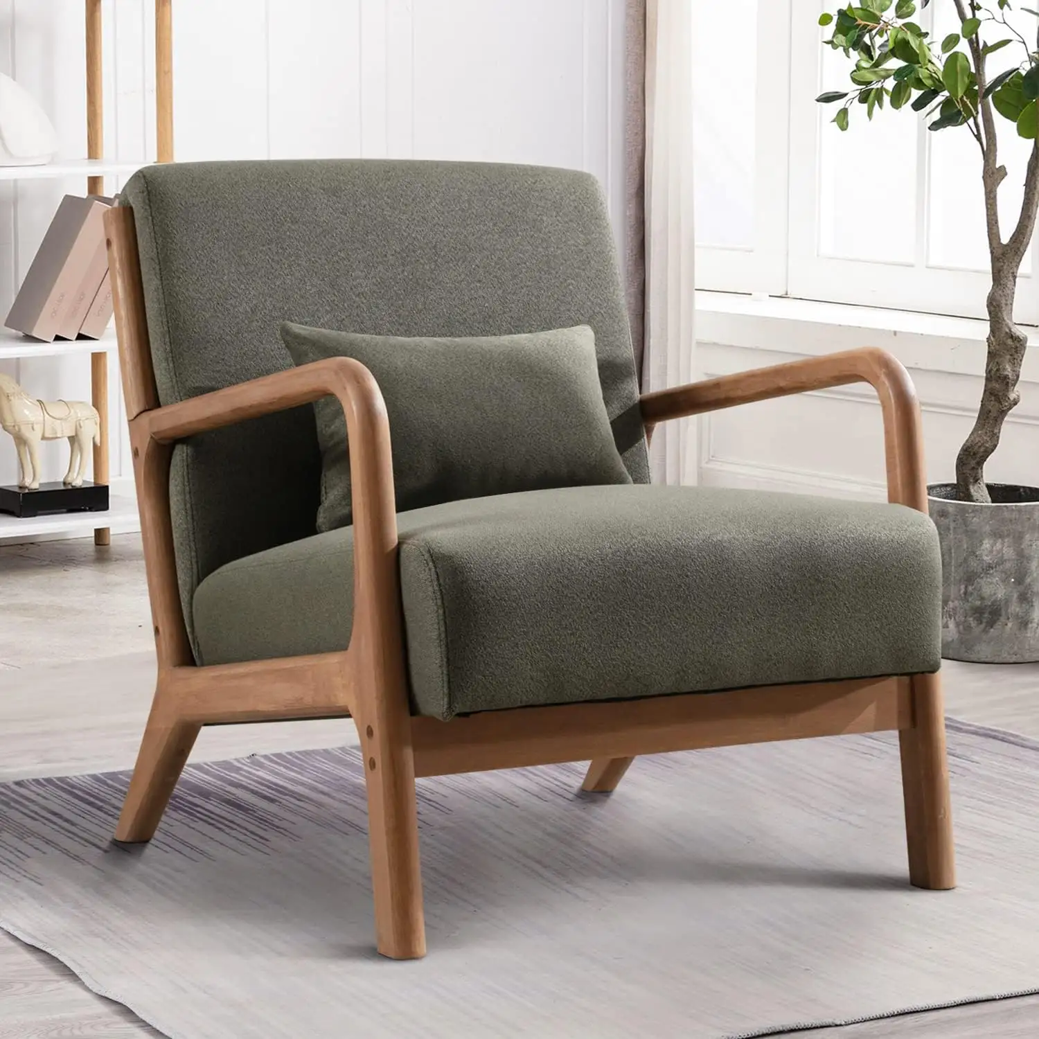 Mid Century Modern Accent Chair with Wood Frame, Upholstered Living Room Chairs with Waist Cushion