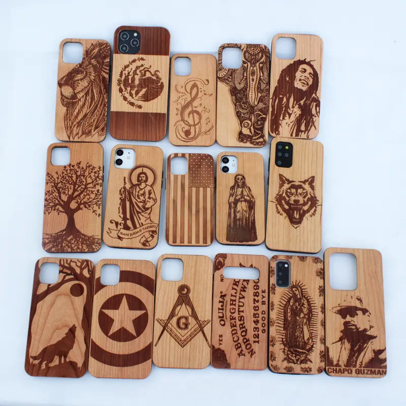 1 batch = 5 Pieces New Custom Design Engraved Wood Phone Case for iPhone Natural Wooden Bamboo Case Cover For iPhone 13 12 11