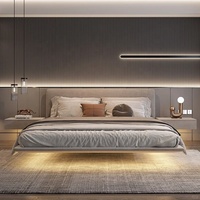 Cadre de lit en bois massif italien moderne minimaliste de luxe, taille Queen ou King, avec revêtement en cuir véritable et rangement