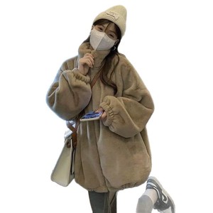 Fleece Jacket Women Winter Thick Loose Fit Zip-Up Hooded Coat Khaki Off-White Full Sleeve Cotton Filling - Product Image 5