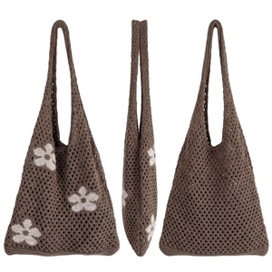 Bolso Tote de <span class=keywords><strong>Ganchillo</strong></span> Hecho a Mano con Logotipo Personalizado, Estilo Boho, Bolso de Hombro de Malla Floral Marrón, Bolso de Compras Tejido Sostenible para Boutique de Verano - Product Image 3