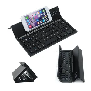 Mini teclado recargable inalámbrico BT plegable con soporte de cubierta de cuero para computadora portátil Windows Android IOS Tablet