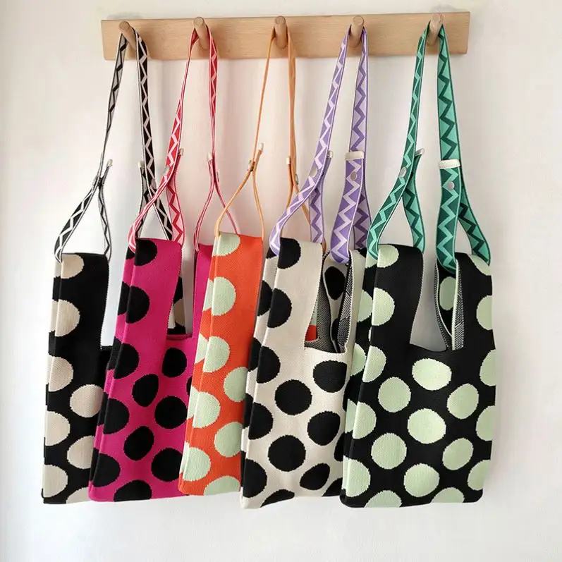 Cute Girls Handbags Color contrast dots Tote Bags Mini Handbag Fashion Knitted Hand Bag Cotton Thread Women's Tote Bags