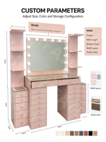 Coiffeuse de luxe rose pour chambre à coucher avec miroir LED Hollywood et plusieurs tiroirs pour cosmétiques
