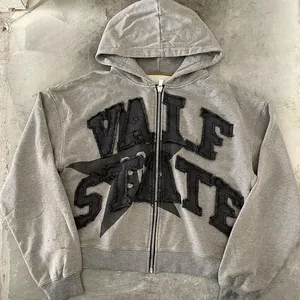 Hersteller benutzer definierte schwere Gewicht abgeschnitten keine Schnur Applique Patch Stickerei Distressed übergroße Reiß verschluss Hoodies für Männer