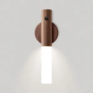 Decorativo Preto Noz Ash Madeira Auto PIR Motion Sensor LED recarregável Night Light magnético para Bedside Wardrobe Lâmpada de parede