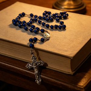 Collier chapelet perlé bleu, pendentif croix en alliage de zinc bleu foncé, bijou unisexe, cadeau A-215 - Product Image 3
