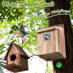Nichoirs en bois écologiques avec entrée, protection métallique contre les prédateurs, loquet sécurisé, rainures pour jeunes oiseaux, nichoir en cèdre pour passerois bleus toutes saisons - Product Image 5