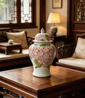 Pot à gingembre rose pâle, motif de feuilles vertes, pot de rangement en porcelaine avec couvercle