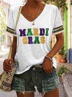Camiseta de Mardi Gras para mujer Manga corta Fleur De Lis Fat Tuesday New Orleans Carnival Tops Púrpura