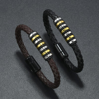 Bracelet en cuir tressé pour homme, en PU noir, avec accents d'anneaux dorés et argentés, bijoux minimalistes, vente en gros