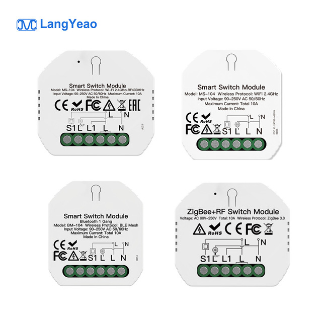 Langyeao 10A Tuya Smart Home Breaker Switch Timing WiFi+BLE+RF433 ZigBee Remote Control 1 Gang 2 Way Switch Intelligent Module