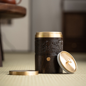 Recipiente Redondo para Té de Madera Maciza de Ébano, 1-3L, Estilo Chino, Tapa de Cobre, Portátil, para Viajes, Almacenamiento de Alimentos - Product Image 1