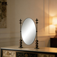 DX DESIGNS Oval Tabletop Mirror with Solid Dark Wood Geometric Stands Luxury Mid-Century Modern Decorative Vanity Mirror