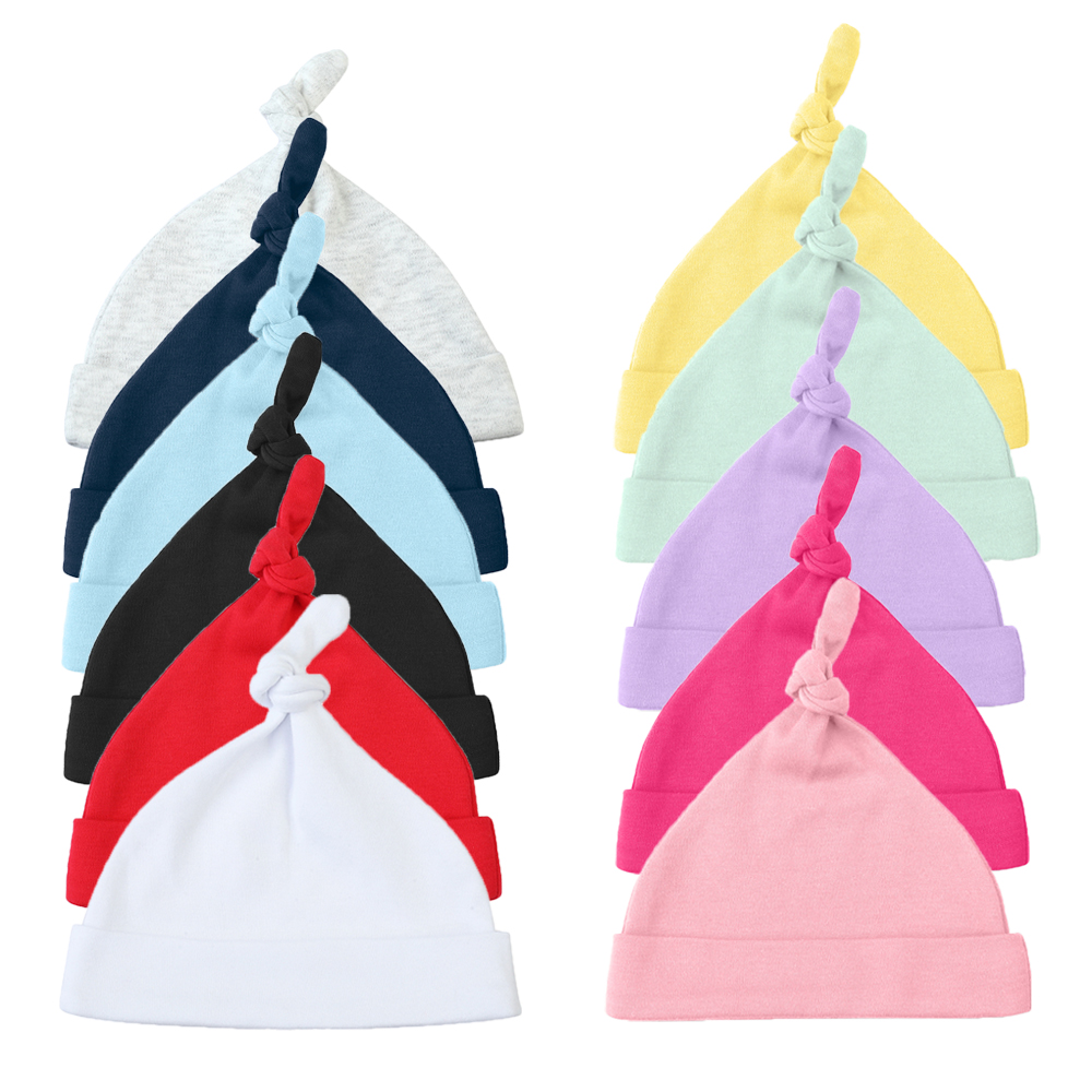 Оптовая продажа, хлопковая шапка с узлом для маленьких мальчиков и девочек, облегающие шапки для новорожденных с пользовательским логотипом