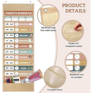 Burlap Daily Schedule Pocket Chart 14 Pockets Reusable Cards Time Management Classroom <b>Decor</b> Farmhouse - Product Image 4
