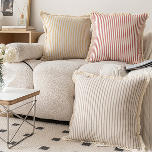 New Cotton Linen <b>Striped</b> Throw Pillow Square <b>Cushion</b> With Tassel Trim For Sofa Bed Decorative Pillowcase Home Decoration - Product Image 1