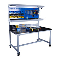 Table de travail industrielle robuste OEM en gros avec plateau en acier inoxydable, éclairage LED, panneau perforé, prises électriques et roulettes en PU pour atelier