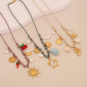 Collar de cadena de eslabones bohemios, joyería de playa de acero inoxidable con estrella de mar y concha marina, accesorio de dopamina - Product Image 1