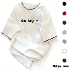 Camiseta Blanca Extra Grande para Hombre - Estampado Gótico de <span class=keywords><strong>Los</strong></span> Ángeles, Camiseta Gráfica Urbana con Texto en las Mangas y el Cuello, Ropa Casual Urbana - Product Image 1