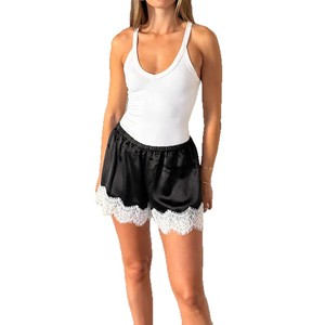 Shorts en satin noir pour femme avec dentelle, décontractés, pour la maison, effet galbant, vêtements de nuit d'été - Product Image 5