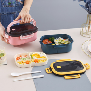 Portable Compartmentalized <b>Lunch</b> <b>Box</b> With Handle <b>Microwave</b> Safe For Office Students Large Capacity Rectangle Solid Color - Product Image 1