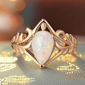 Anello di Fidanzamento Classico in Ottone con Foglia e Goccia d'Acqua, Imitazione Opale, Gioiello di Lusso Leggero, Regalo - Product Image 5