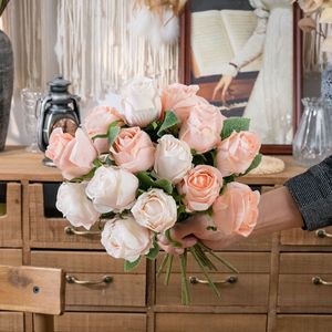 Bouquet de roses artificielles CallaFloral 33cm rose blanc champagne, décoration intérieure, fleurs artificielles pour la décoration murale de la maison - Product Image 2