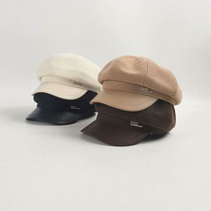 2024 New Autumn Winter Solid Color Women Lady Tweed Beret Vintage PU Leather Brim Stitched Newsboy <b>Hat</b> - Product Image 1