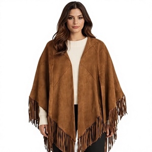 Women's Brown Suede Polyester Square Fringe Shawl Solid Color Long <b>Poncho</b> for Autumn Daily Wear - Product Image 1