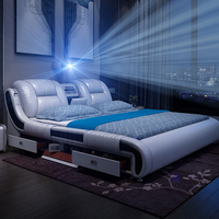 Intelligentes Lederbett nach Maß, Doppelbett/Queensize-Tatami-Bett, modern, multifunktional, luxuriös, mit Lautsprecher und Massagefunktion, hohe Qualität