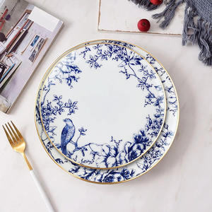Juego de <span class=keywords><strong>vajilla</strong></span> con patrón de pájaros florales <span class=keywords><strong>Vintage</strong></span> nórdico, plato de cerámica azul blanco, borde dorado para decoración de boda, <span class=keywords><strong>vajilla</strong></span> Nórdica - Product Image 5