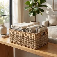 Panier tressé en jonc de mer naturel avec poignées, bac de rangement rectangulaire moyen pour chambre, garde-manger, étagères et décoration intérieure