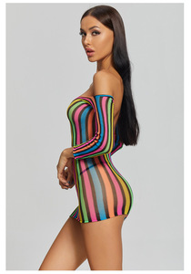INS arc-en-ciel pyjamas coloré à manches longues hanche Wrap une pièce bas Sexy uniforme tentation robe - Product Image 2