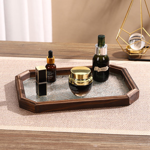 Mystic Arts Solid Wood Glass Tray Octagonal Bathroom Storage Tabletop Decorative Organizer For Cosmetics Tea <b>Set</b> Display - Product Image 2