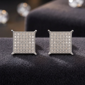 Boucles d'oreilles carrées géométriques à clipser, micro-incrustation de diamants ronds taille brillant, bijoux fins, clous en argent - Product Image 2