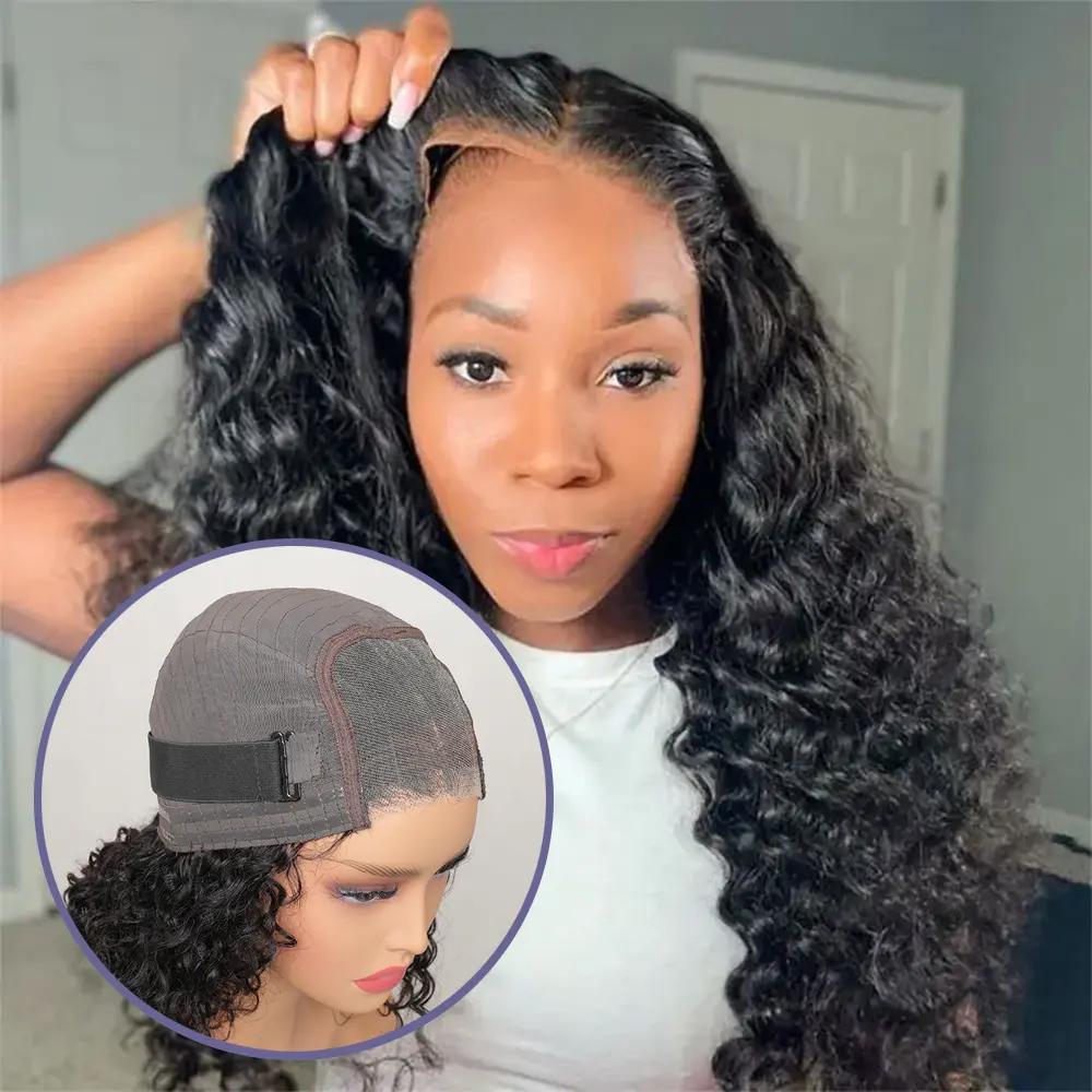 Factory Wholesale Wear And Go 5 X5 Leimlose Perücken 3D Dome Pre Cut Deep Curly HD Lace Verschluss perücken für Frauen 8 "-32"