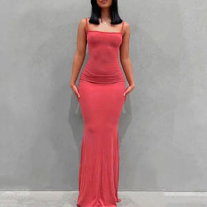 Vestido de Fiesta Maxi Elegante para Mujer, sin Mangas, con Hombros Descubiertos, Espalda Descubierta, Ajustado, de Tela Sólida, Color Melocotón, para Venta al por Mayor - Product Image 2